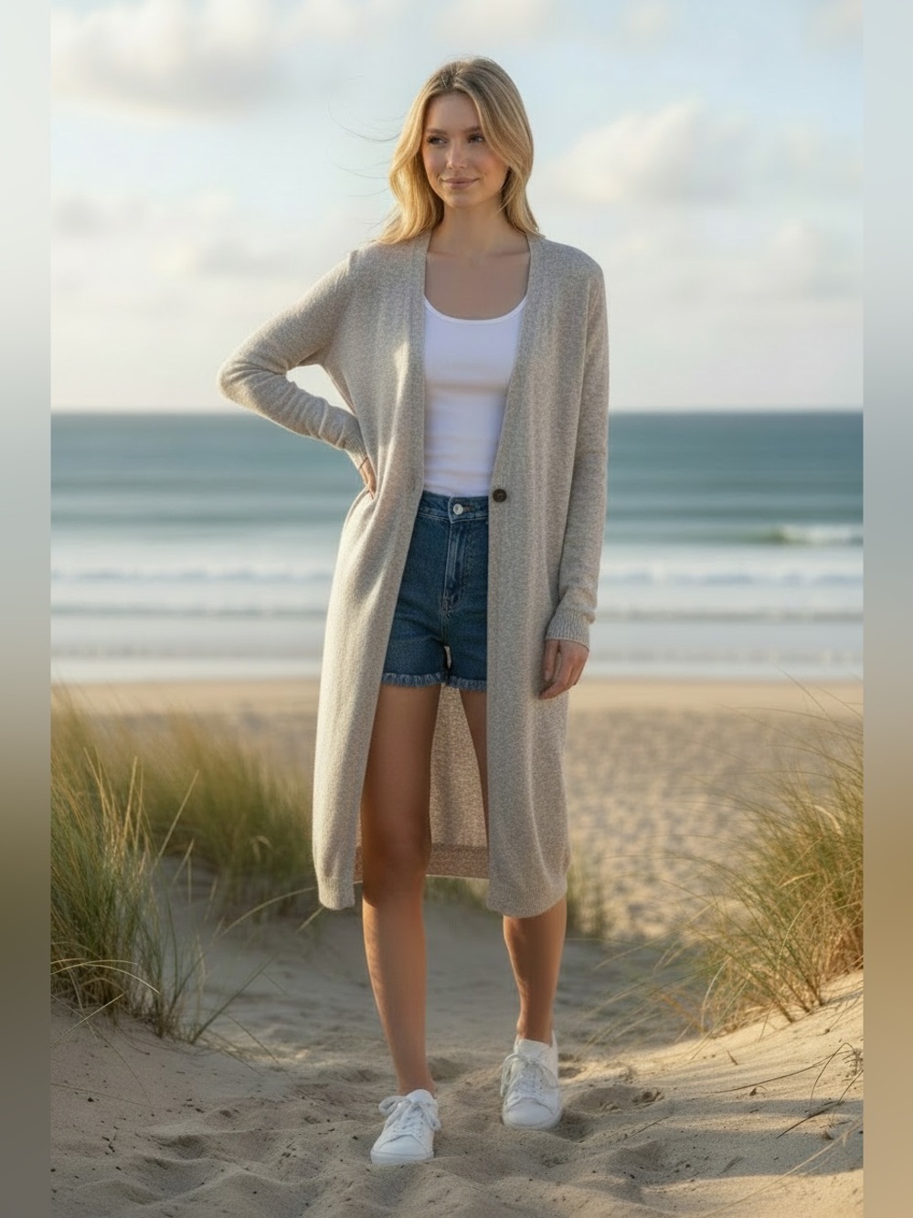 Pure Jill Knit Beige Sweater Long Cardigan One Button Long Sleeve Duster XS